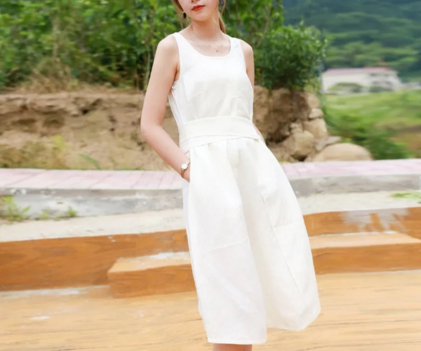 Women Sleeveless linen dress midi dress soft loose oversized dress plus size dress customized dress with belt X54