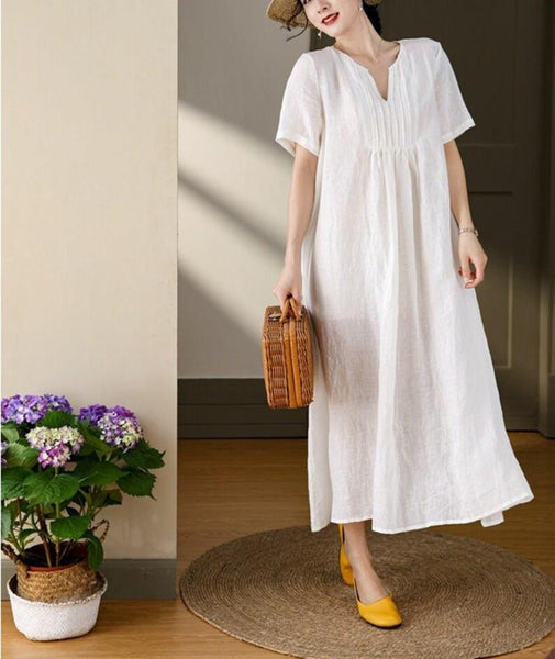 Linen maxi dress casual custom short sleeves midi pleated dress  F117