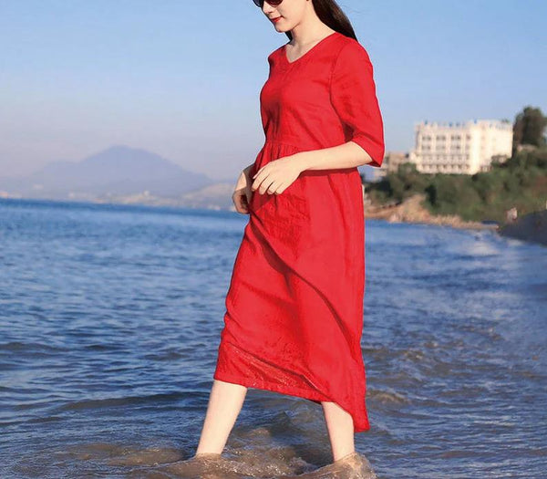 V Neck 100% linen long dress Pleat Dresscasual clothing F125-1