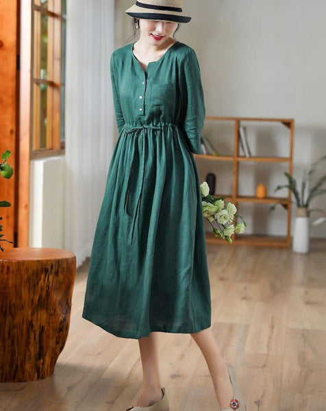 Linen dresses custom shirt dress elastic waist button dress F171