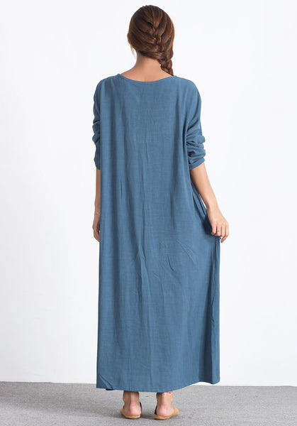 Linen Cotton large size Blue custom made Dress A14