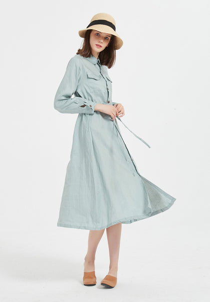 Oversize 100% linen long sleeve midi dress with belt and button X07