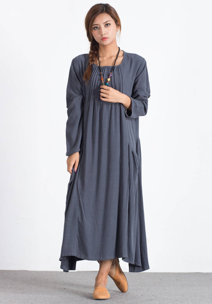 Linen Cotton Pleated plus size Custom-made dresses A82