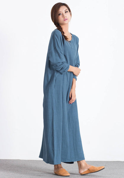 Linen Cotton large size Blue custom made Dress A14