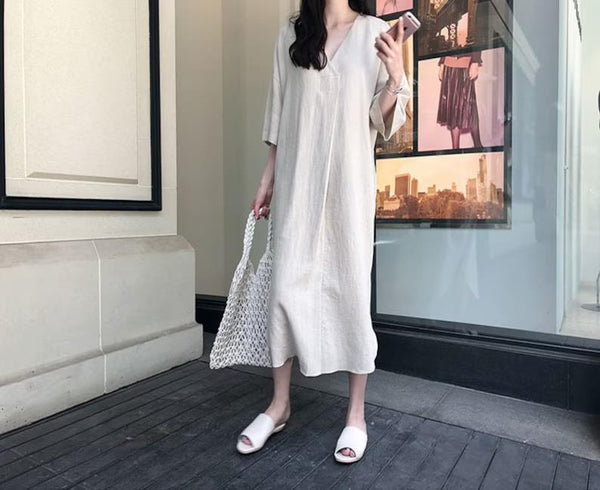 Women Dress Midi Linen Dress Loose Summer Dress F262