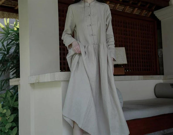 Linen dress long sleeves plus size clothing custom loose fitting F197