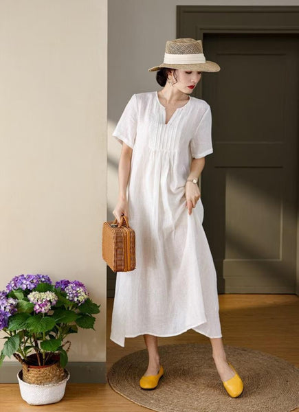 Linen maxi dress casual custom short sleeves midi pleated dress  F117