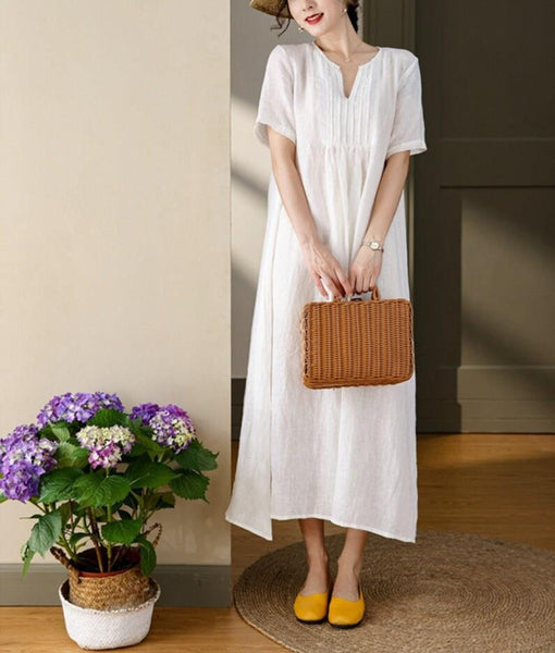 Linen maxi dress casual custom short sleeves midi pleated dress  F117