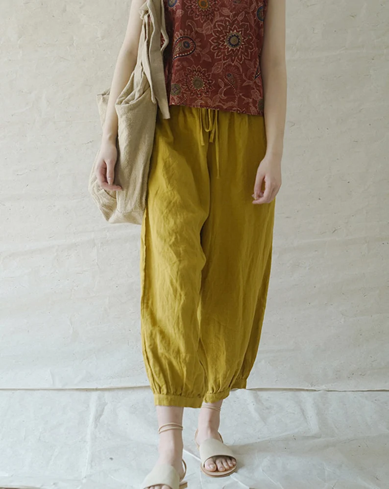 Womens High Waist Button Cotton Linen Pants Casual Loose Wide Leg Trousers  Beach | eBay