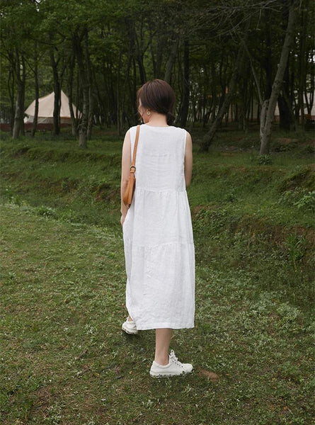 Linen dress sleeveless dress loose clothing plus size custom dress F52