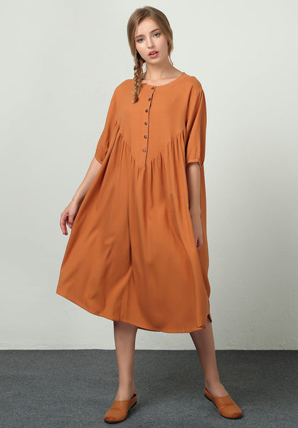 Oversize Linen Cotton Custom made half sleeves midi dresses B36