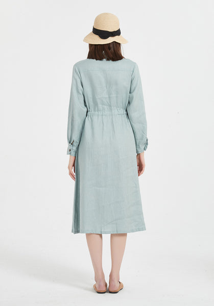 Oversize 100% linen long sleeve midi dress with belt and button X07