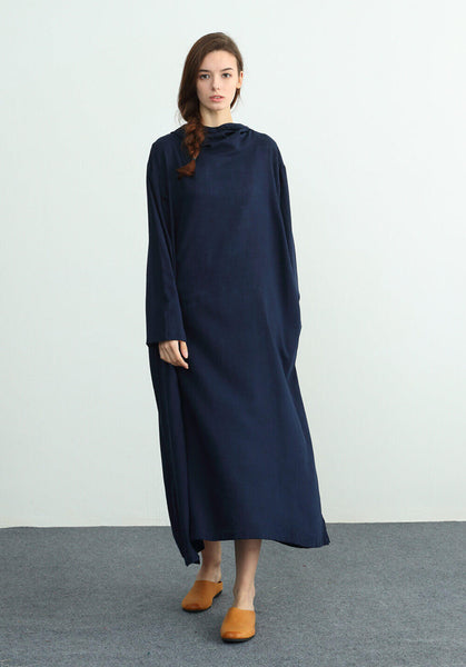 long sleeves maxi linen cotton Oversize dress C03
