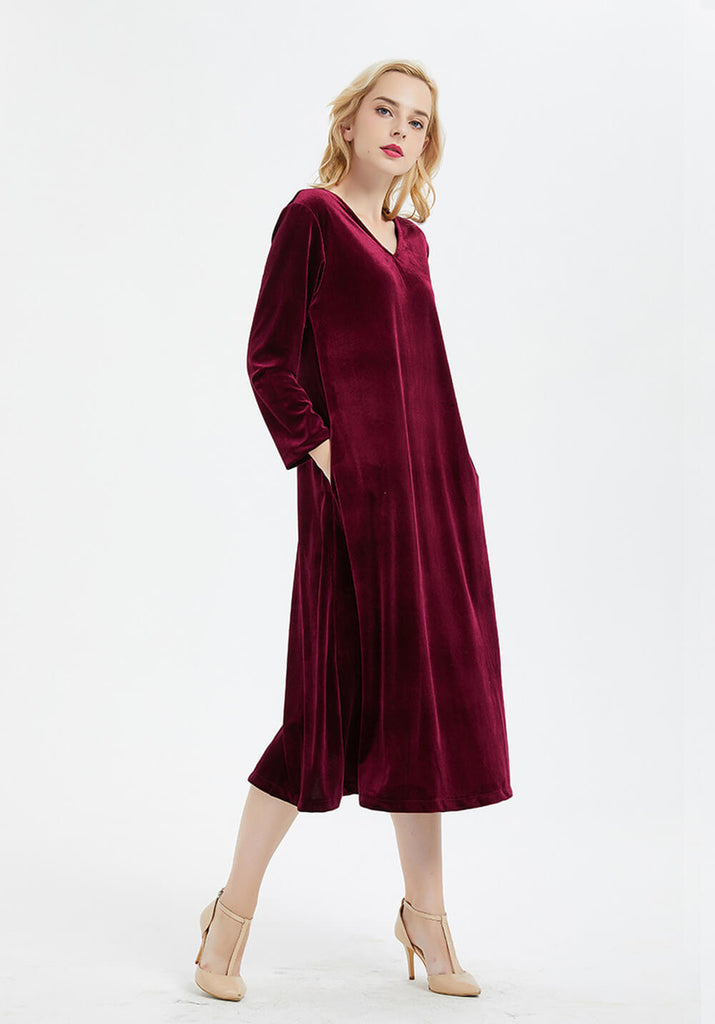 Women's velvet V-neck long sleeves caftan maxi dress with Pockets R30