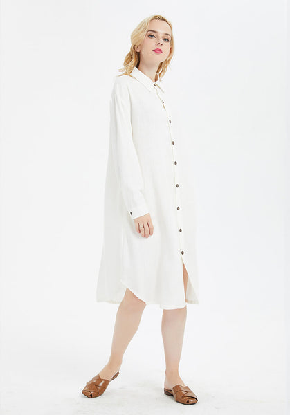 cotton linen long sleeves midi shirt dress with buttons R1