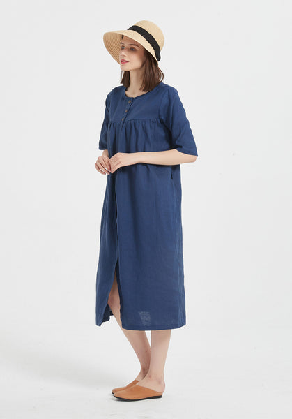 over sized 100% pure linen short sleeves round neck midi dress  X40