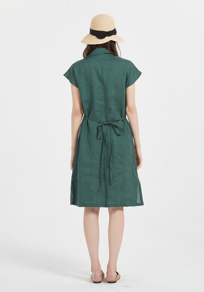 Oversize 100% Linen sleeveless plus size custom made dress with button X04