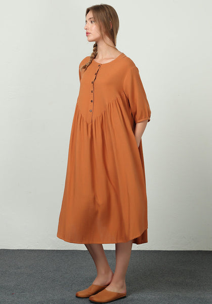 Oversize Linen Cotton Custom made half sleeves midi dresses B36