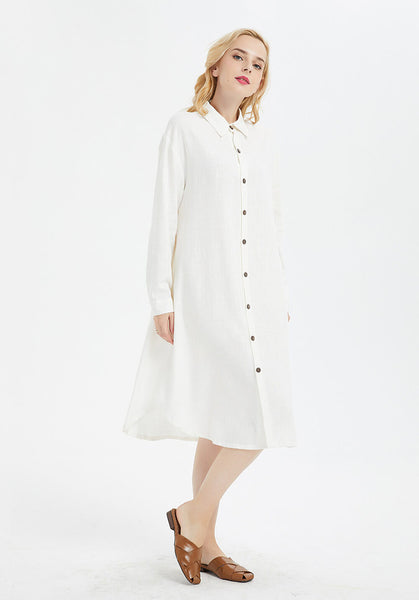 cotton linen long sleeves midi shirt dress with buttons R1