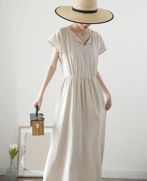Linen dress for women, Maxi dress , long linen dress, loose dress, pleated dress, v neck dress, plus size linen dress,  N166