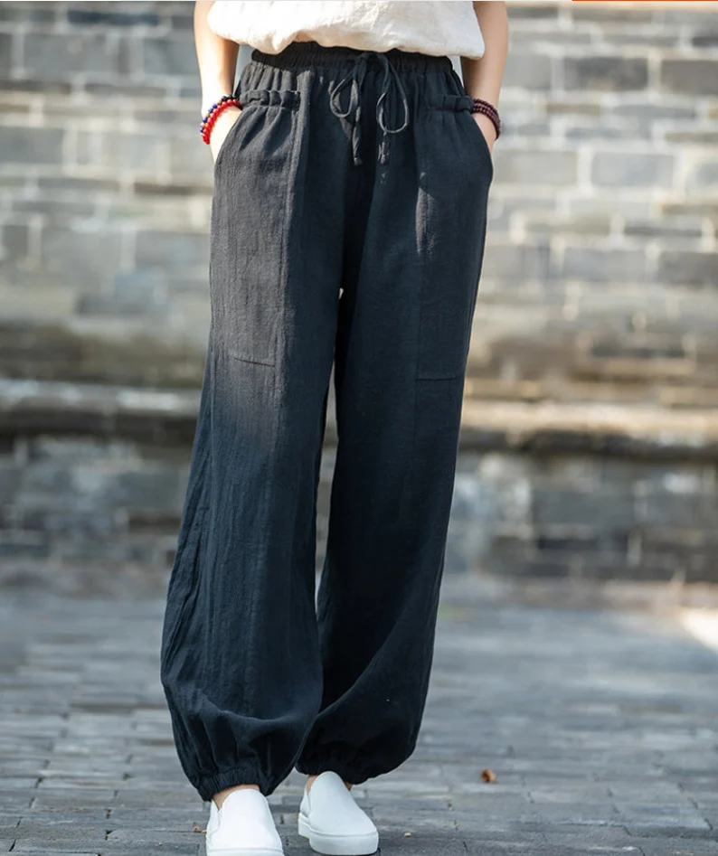 Women Cotton Linen Wide Leg Trousers Elastic High Waist Loose Pants Baggy  Summer | eBay