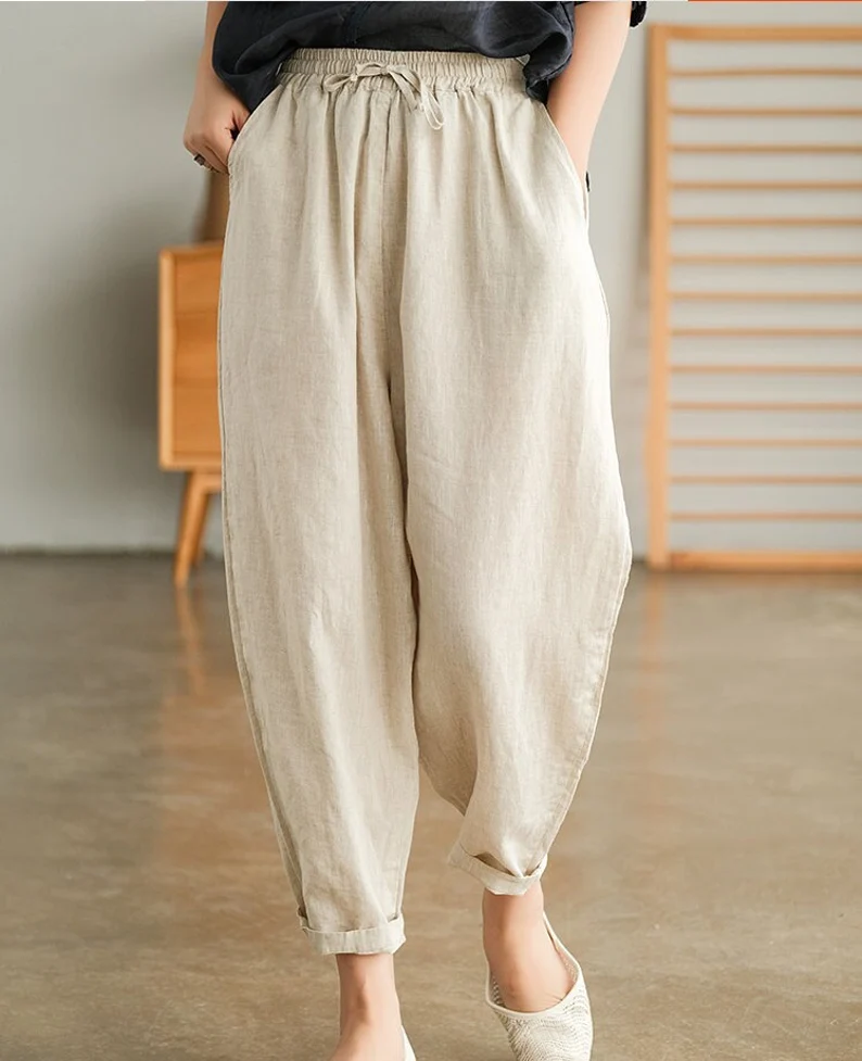 100% Linen pants, long pants, wide leg pants, full length harem