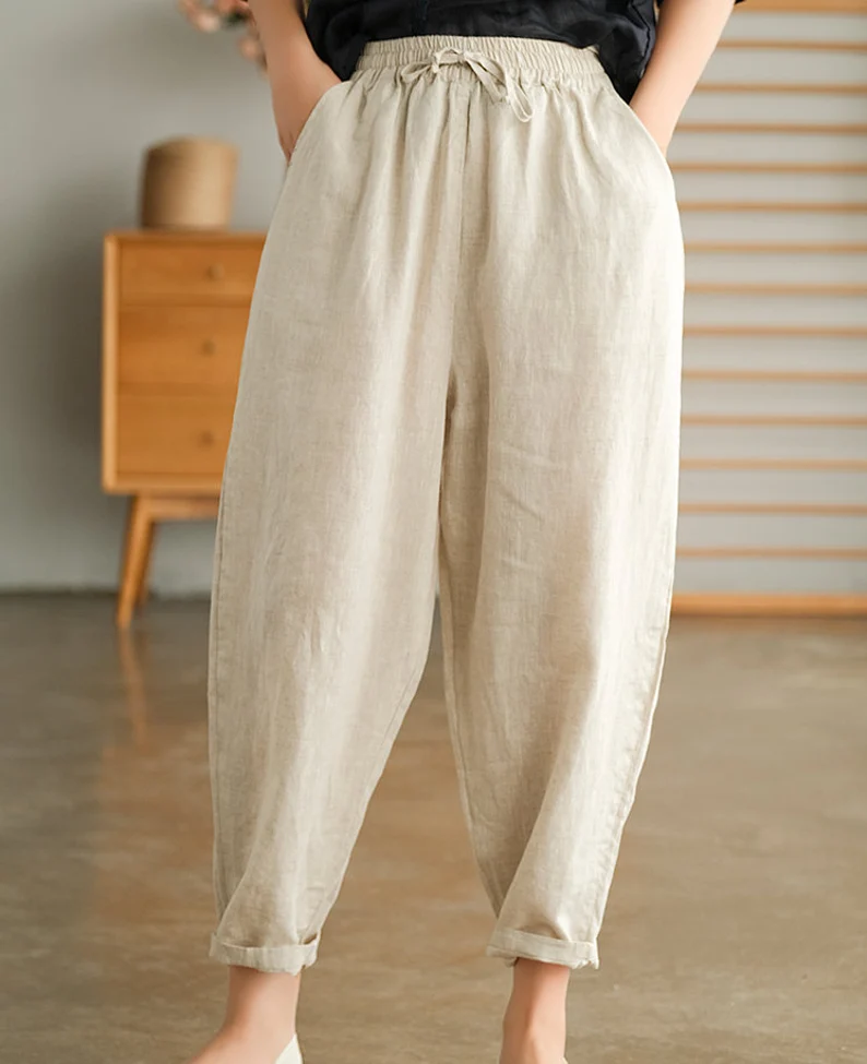100% Linen pants, long pants, wide leg pants, full length harem pants, –  OversizeDress