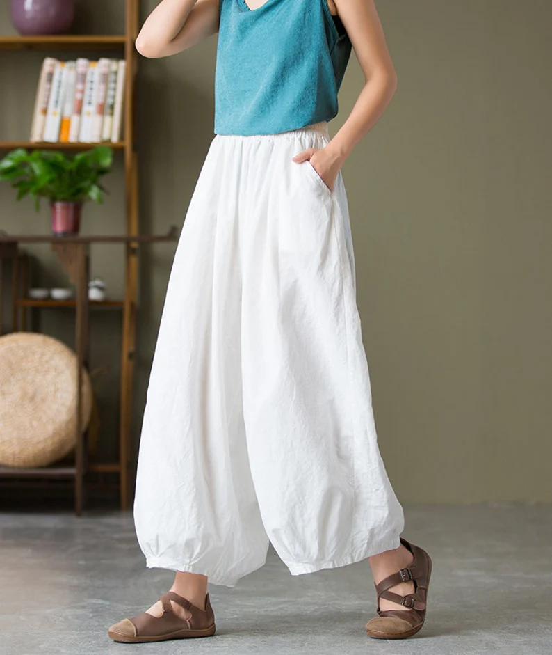 Linen Pants for Women, Long Pants, Wide Leg Pants, Full Length Harem Pants,  Loose Maxi Trousers, Fall Spring Custom Long Plus Size Pants B33 