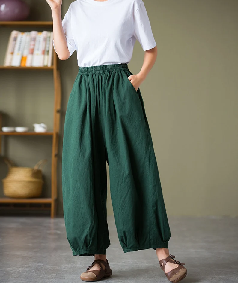 Women Elastic Waist Cotton Pants Soft Casual Loose Boho Trousers Full Maxi  Pants Wide Leg Pant Customized Plus Size Pants Linen 