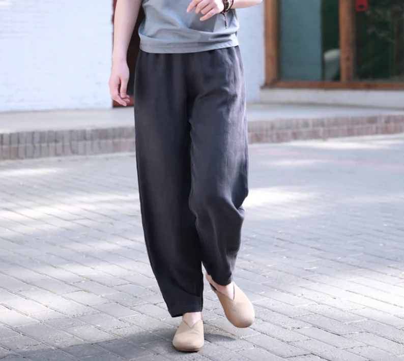 Linen pants for women wide leg Elastic waist trousers oversized soft l –  OversizeDress