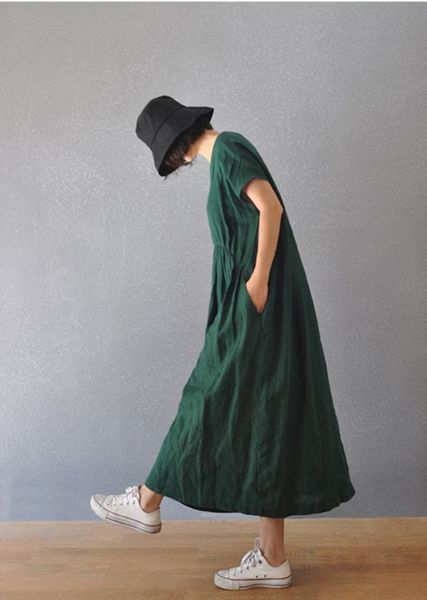 Women linen dress short sleeves linen maxi dress,  loose casual oversized linen robes, customized plus size dress N22