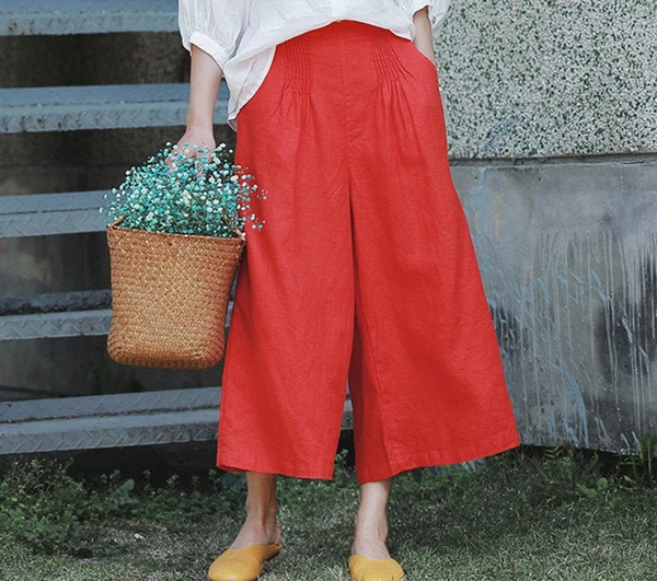 100% pure linen long pants, red wide leg pants, linen skirt pants, plus size pants soft casual maxi trousers fall spring hand made pants N54