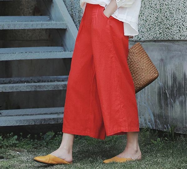 100% pure linen long pants, red wide leg pants, linen skirt pants, plus size pants soft casual maxi trousers fall spring hand made pants N54