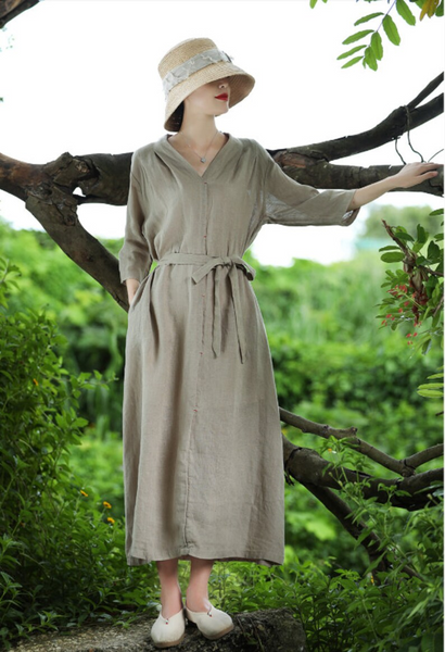 Linen Dresses for Women Linen maxi dress v neck Plus size dress linen custom dress loose casual handmade dress soft boho  dress N62