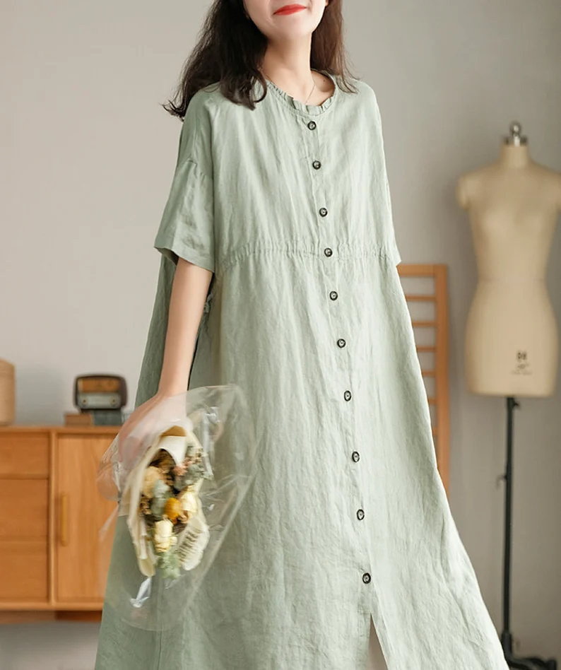 Women Cotton Linen Dresses Linen Midi Dress Long Dress Soft Loose Casual  Oversized Linen Robes Customized Plus Size Clothing N150 