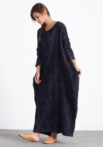 Oversize Linen Cotton Caftan Winter warm Custom-made dress A15