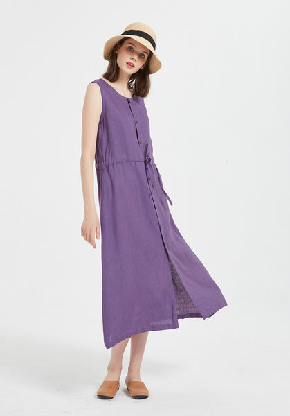 Oversize 100% Linen sleeveless plus size custom made dress A41