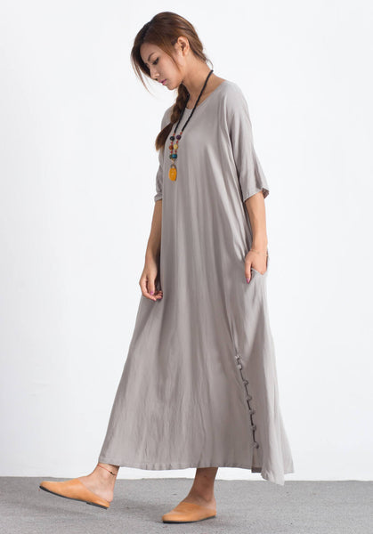 Linen Cotton Light Gray plus size custom made dress A55