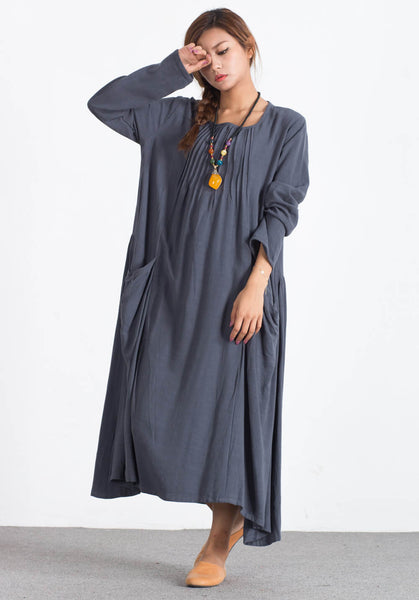 Linen Cotton Pleated plus size Custom-made dresses A82