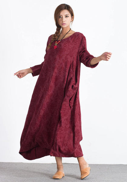 Oversize Linen Cotton Wine Red Long maxi Custom-made dress A24