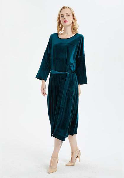 Women's long sleeves kaftan Pockets maxi dress plus size velvet dress R32