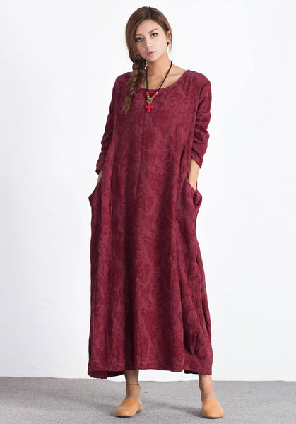 Oversize Linen Cotton Wine Red Long maxi Custom-made dress A24