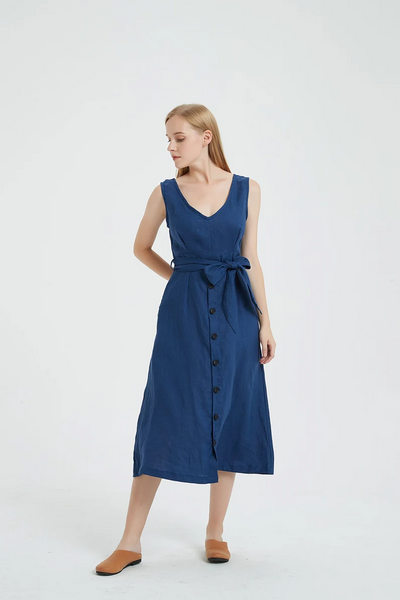Women's linen sleeveless dress loose linen wrap oversized dress casual  dress plus size clothing customized dress x17