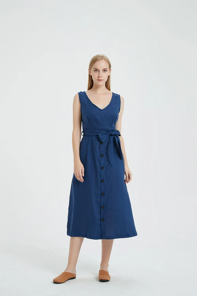 Women's linen sleeveless dress loose linen wrap oversized dress casual  dress plus size clothing customized dress x17