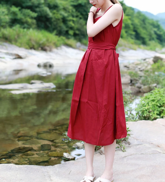Women Sleeveless linen dress midi dress soft loose oversized dress plus size dress customized dress with belt X54